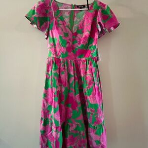 Kensie Green and Pink Floral V-neck Dress